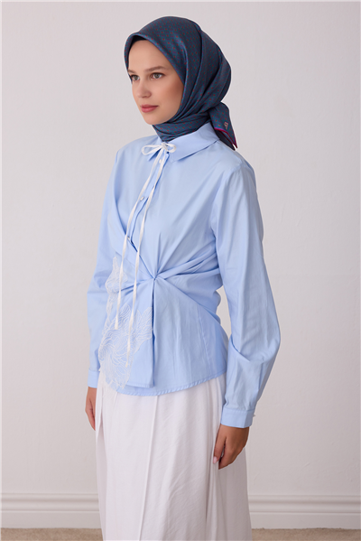 Mavi Monogram Desen %100 Twill İpek Eşarp 4418-82