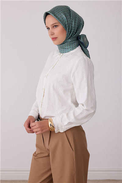 Yeşil Monogram Desen %100 Twill İpek Eşarp 4418-84