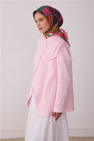 Pembe Geometrik Desen %100 Twill İpek Eşarp 4419-31