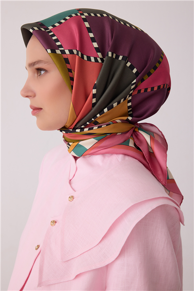 Pembe Geometrik Desen %100 Twill İpek Eşarp 4419-31