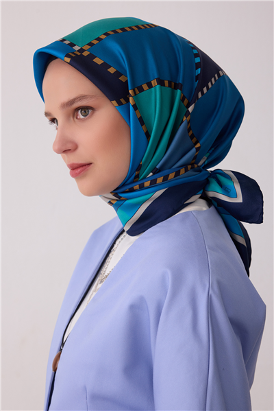 Lacivert Geometrik Desen %100 Twill İpek Eşarp 4419-82