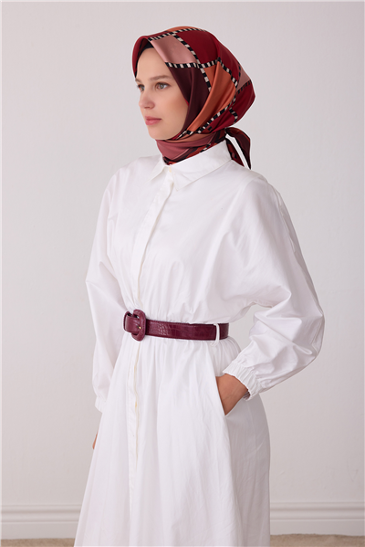 Kırmızı Geometrik Desen %100 Twill İpek Eşarp 4419-83