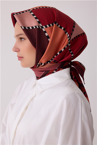 Kırmızı Geometrik Desen %100 Twill İpek Eşarp 4419-83