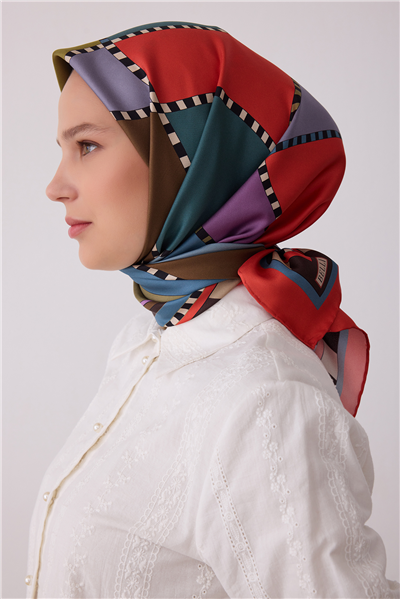 Çok Renkli Geometrik Desen %100 Twill İpek Eşarp 4419-84