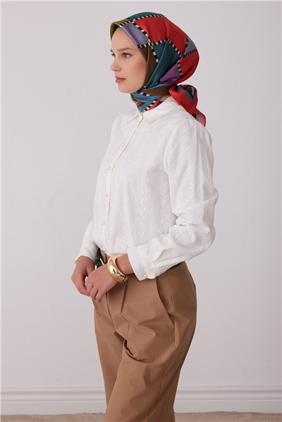Çok Renkli Geometrik Desen %100 Twill İpek Eşarp 4419-84