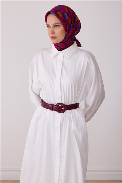Kırmızı Geometrik Desen %100 Twill İpek Eşarp 4420-01