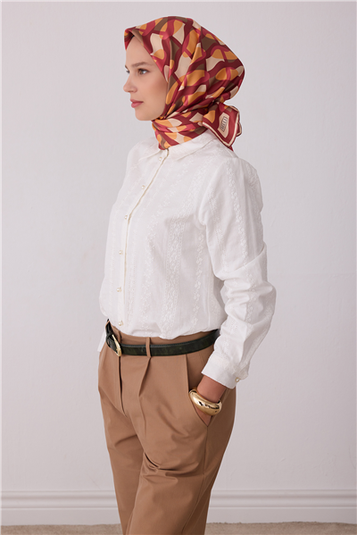 Somon Geometrik Desen %100 Twill İpek Eşarp 4420-02