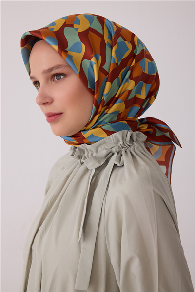 Çok Renkli Geometrik Desen %100 Twill İpek Eşarp 4420-06