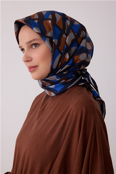 Lacivert Geometrik Desen %100 Twill İpek Eşarp 4420-07