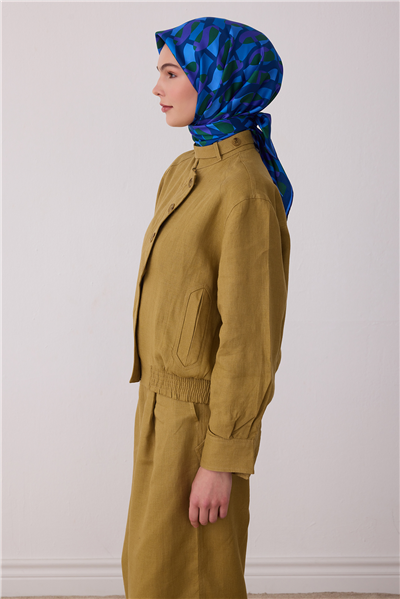 Mavi Geometrik Desen %100 Twill İpek Eşarp 4420-51