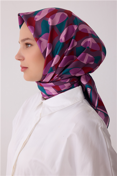 Lila Geometrik Desen %100 Twill İpek Eşarp 4420-84