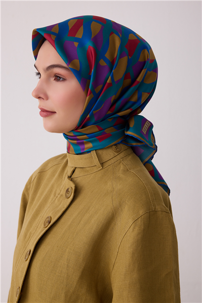 Mor Geometrik Desen %100 Twill İpek Eşarp 4420-87