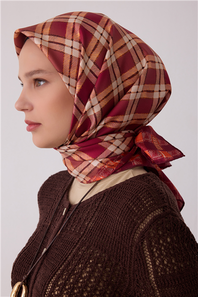 Kırmızı Geometrik Desen %100 Twill İpek Eşarp 4421-02