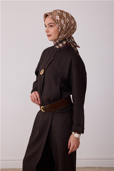 Bej Geometrik Desen %100 Twill İpek Eşarp 4421-03