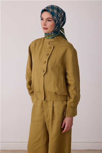 Yeşil Geometrik Desen %100 Twill İpek Eşarp 4421-80