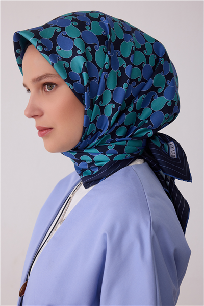 Lacivert Etnik Desen %100 Twill İpek Eşarp 4422-82