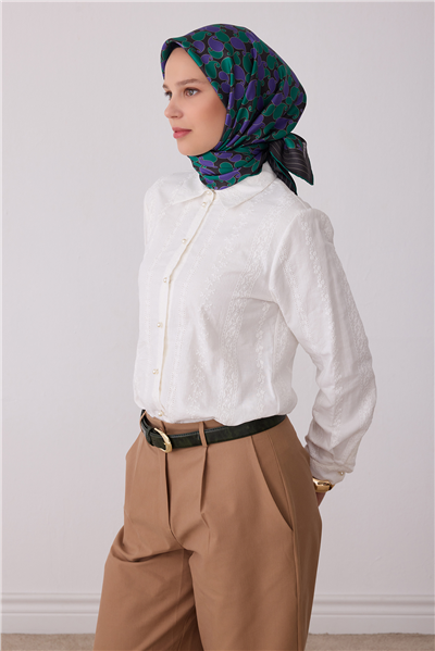 Yeşil Etnik Desen %100 Twill İpek Eşarp 4422-83