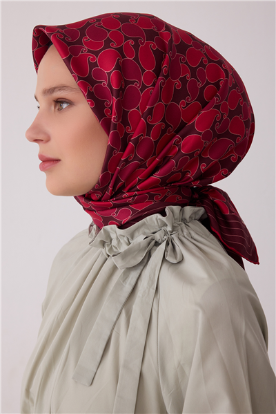 Bordo Etnik Desen %100 Twill İpek Eşarp 4422-86
