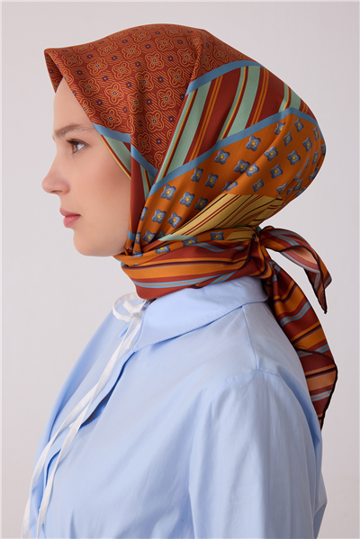 Oranj Geometrik Desen %100 Twill İpek Eşarp 4423-01