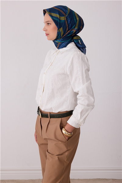 Petrol Geometrik Desen %100 Twill İpek Eşarp 4424-33