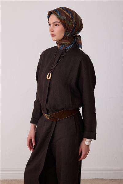 Camel Geometrik Desen %100 Twill İpek Eşarp 4424-34