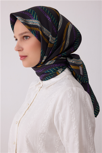 Füme Geometrik Desen %100 Twill İpek Eşarp 4424-80