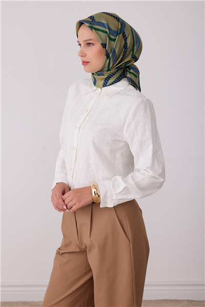 Yeşil Geometrik Desen %100 Twill İpek Eşarp 4424-81