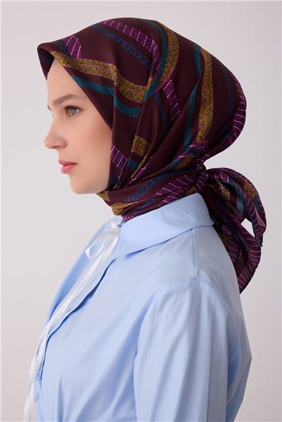 Mürdüm Geometrik Desen %100 Twill İpek Eşarp 4424-83