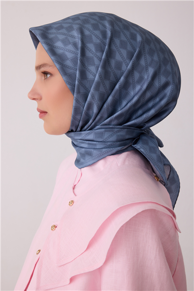 Mavi Geometrik Desen %100 Twill İpek Eşarp 4425-05