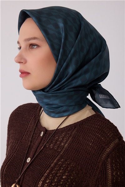 Petrol Geometrik Desen %100 Twill İpek Eşarp 4425-86