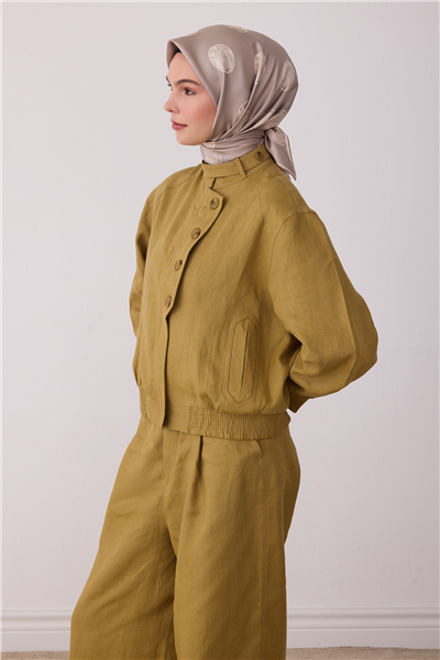 Bej Geometrik Desen %100 Twill İpek Eşarp 4427-03
