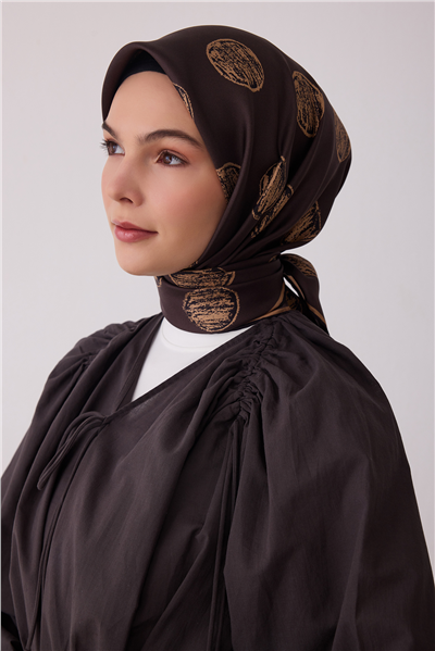 Kahverengi Geometrik Desen %100 Twill İpek Eşarp 4427-32