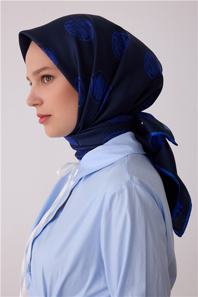 Lacivert Geometrik Desen %100 Twill İpek Eşarp 4427-34