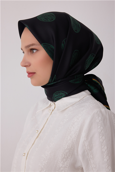 Siyah Geometrik Desen %100 Twill İpek Eşarp 4427-35
