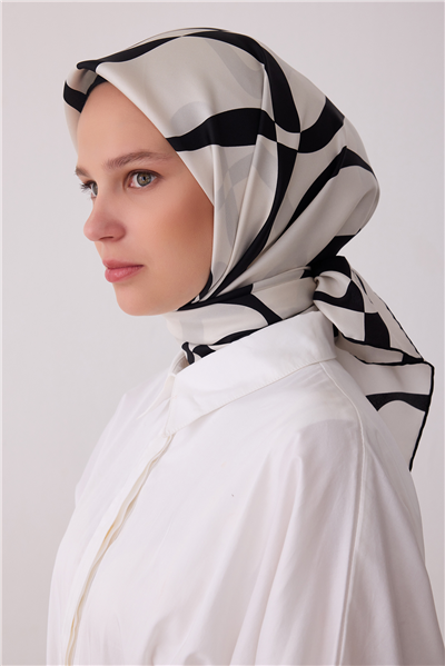 Beyaz Soyut Desen %100 Twill İpek Eşarp 4429-31