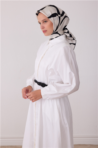 Beyaz Soyut Desen %100 Twill İpek Eşarp 4429-31