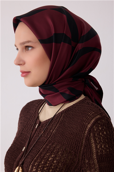 Bordo Soyut Desen %100 Twill İpek Eşarp 4429-32