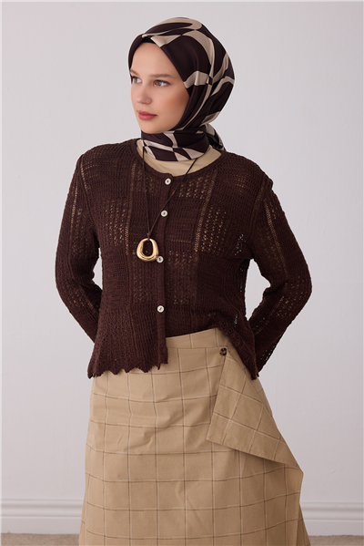 Kahverengi Soyut Desen %100 Twill İpek Eşarp 4429-33