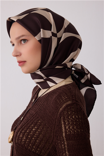 Kahverengi Soyut Desen %100 Twill İpek Eşarp 4429-33