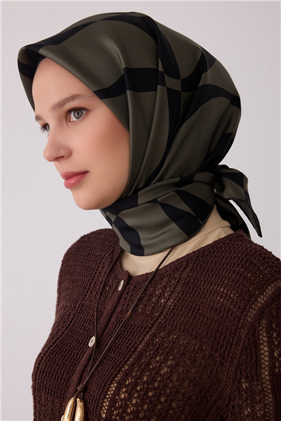 Haki Soyut Desen %100 Twill İpek Eşarp 4429-39
