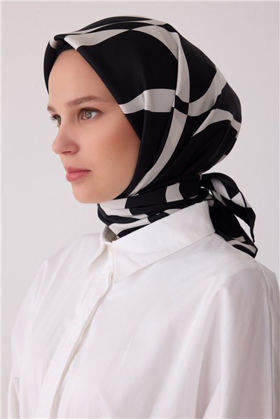 Siyah Soyut Desen %100 Twill İpek Eşarp 4429-42