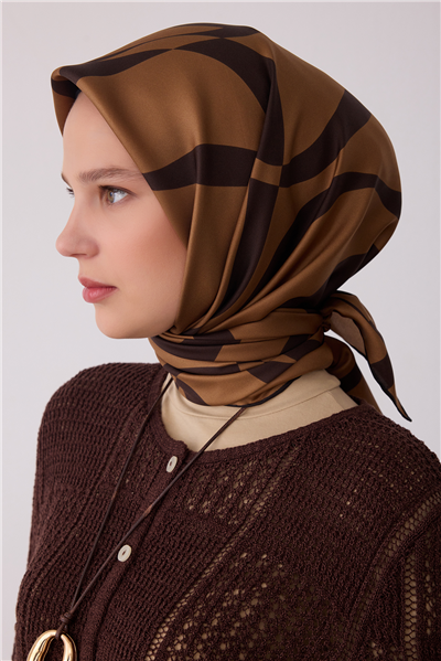 Camel Soyut Desen %100 Twill İpek Eşarp 4429-44