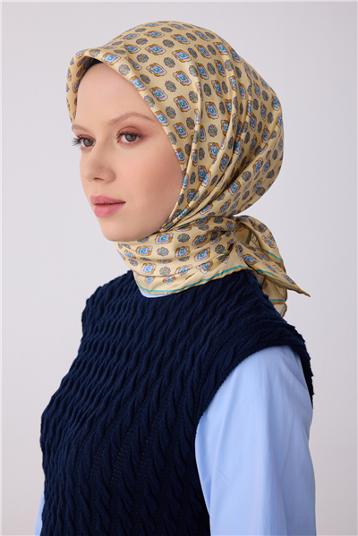 Sarı Etnik Desen %100 Twill İpek Eşarp 4308-05