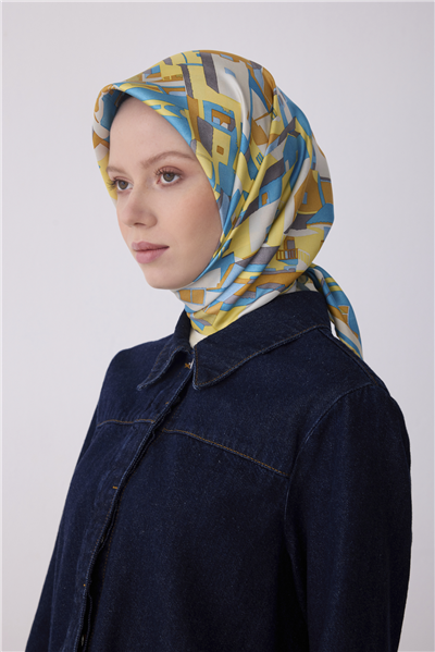 Sarı Obje Desen %100 Twill İpek Eşarp 4307-84