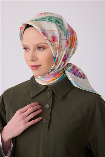 Sarı Obje Desen %100 Twill İpek Eşarp 4316-81