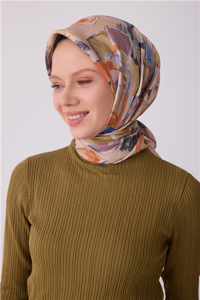 Sarı Soyut Desen %100 Twill İpek Eşarp 4310-82