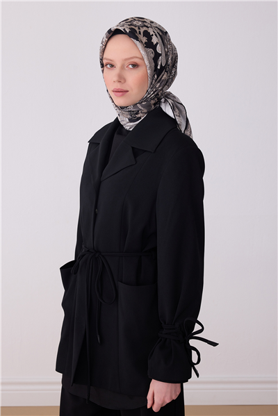 Siyah Etnik Desen %100 Twill İpek Eşarp 4304-06
