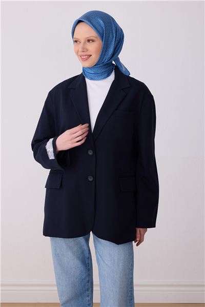 Mavi Klasik Desen %100 Twill İpek Eşarp 4317-50