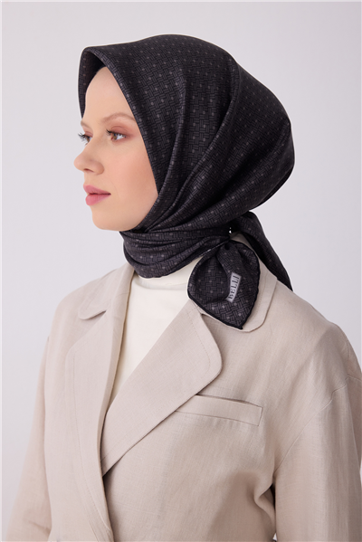 Siyah Klasik Desen %100 Twill İpek Eşarp 4317-86