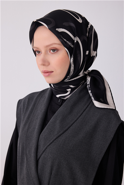 Siyah Soyut Desen %100 Twill İpek Eşarp 4309-01